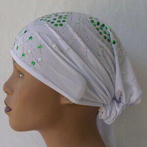 WHITE Pre-Tied Stud Chemo Cap Slip On Bonnet Hijab Undercap #6